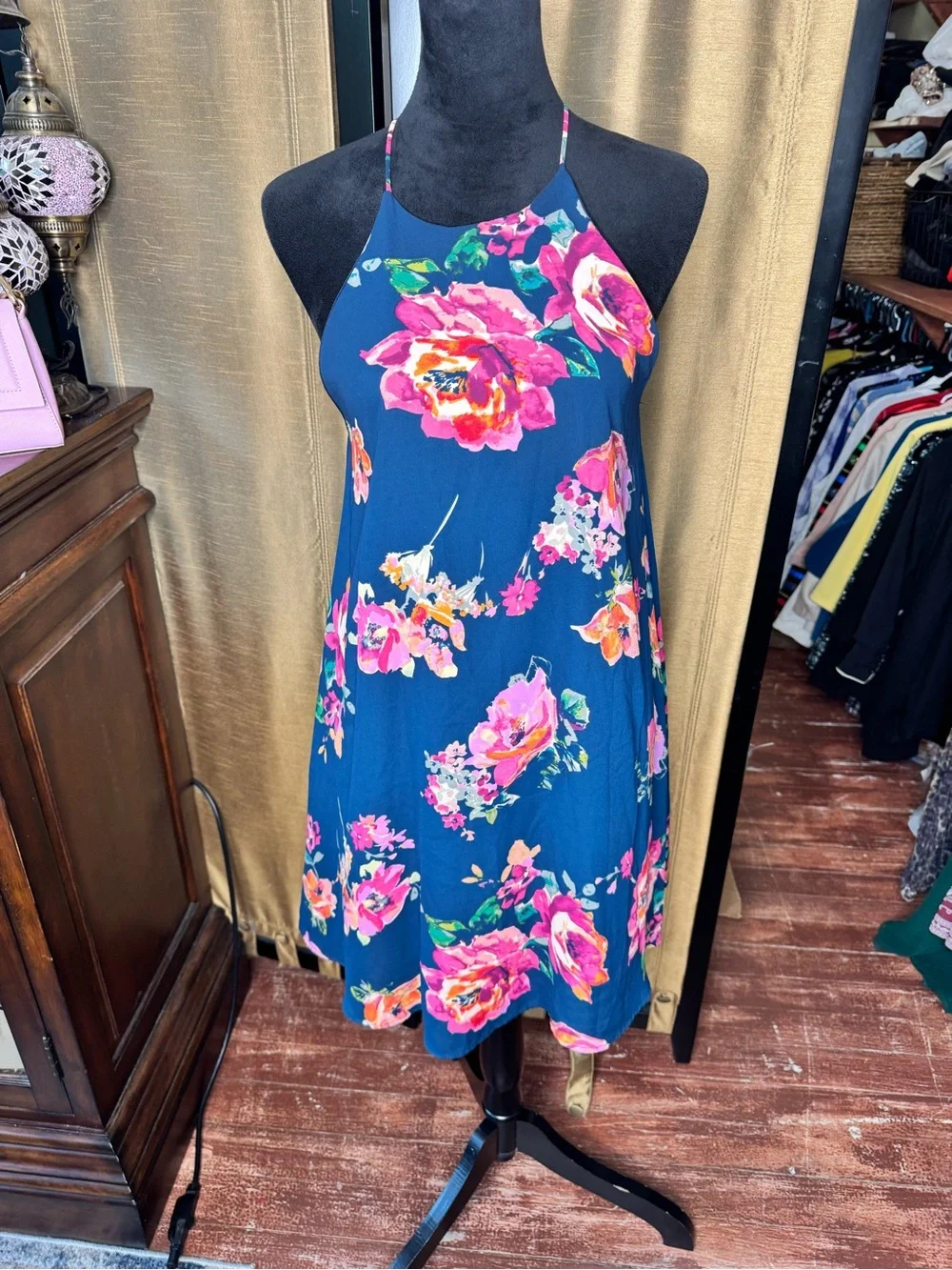 Everly Navy Floral Halter Shift Dress Size M Sleeveless Lined Boutique Made USA